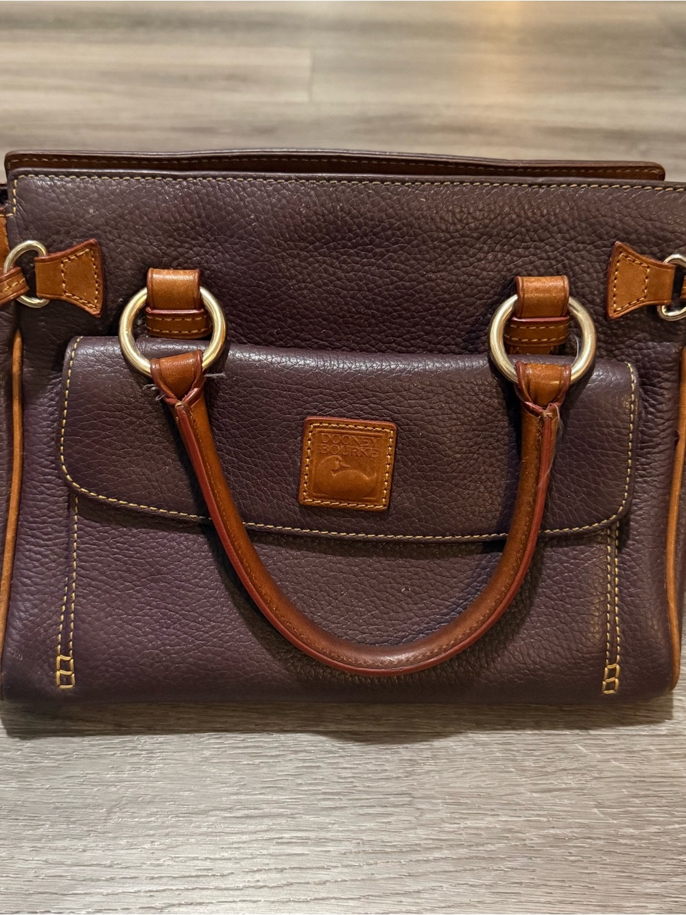 Dooney & Bourke Dark Plum Leather Satchel with Tan Trim